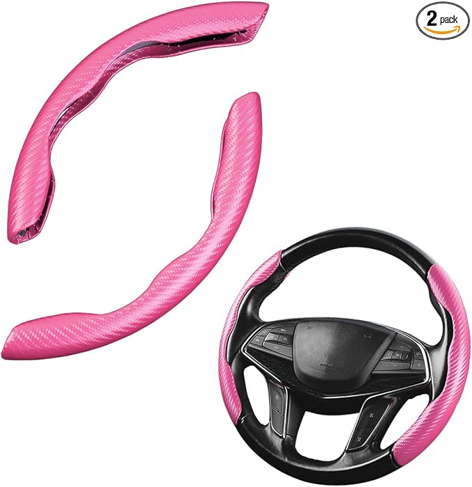 Car Steering Wheel Cover, Carbon Fiber PU Leather Segmented Steering Wheels Protector, Breathable Anti Slip Durable Auto Interior Accessories for Women Men (Carbon Fiber Pink)