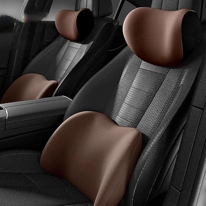 Car Seat Headrest Lumbar Support Kit for BMW X3 X4 G01 G02 2018-2022, Ergonomic Memory Foam Head Neck Pillow Back Cushion Drivers Travel Anti Fatigue,B/Coffee Color