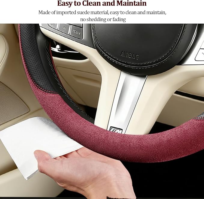 HZEL Car Steering Wheel Cover, Non-Slip Suede Leather Breathable Vehicle Steering Wheel Protector with Inner Ring, Automotive Interior Protective Accessories, Universal Fit (Red)