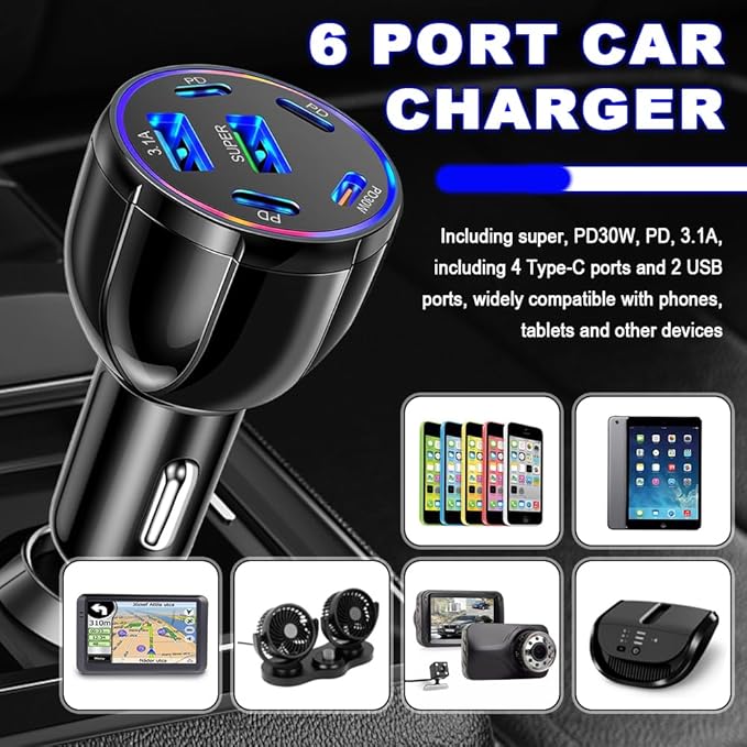 6 Port Car Charger USB C & USB A,75W Ultra-Fast Car Charger Adapter with Super/PD30W/PD/3.1A,Universal 12V/24V Cars Lighter USBs Adapter Cars Ports Chargers for Phone,Tablet