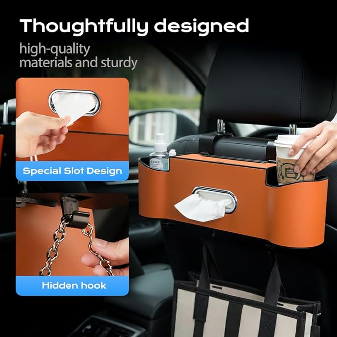asfanst 3-in-1 Car Backseat Organizer with Cup Holder, Tissue Box, and Hooks, Multifunctional Back Seat Storage for Phones, Snacks, Drinks, and Handbags (2, Red)