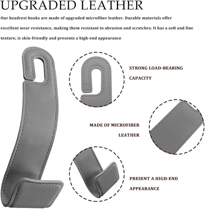 2PCS Purse Holder for Car, Purse Hook for Car, Leather Headrest Hooks for Automotive Back Seat, Auto Accessories Back Seat Organizer Hook for Grocery Bag Handbag Coat (Grey, 2PCS)