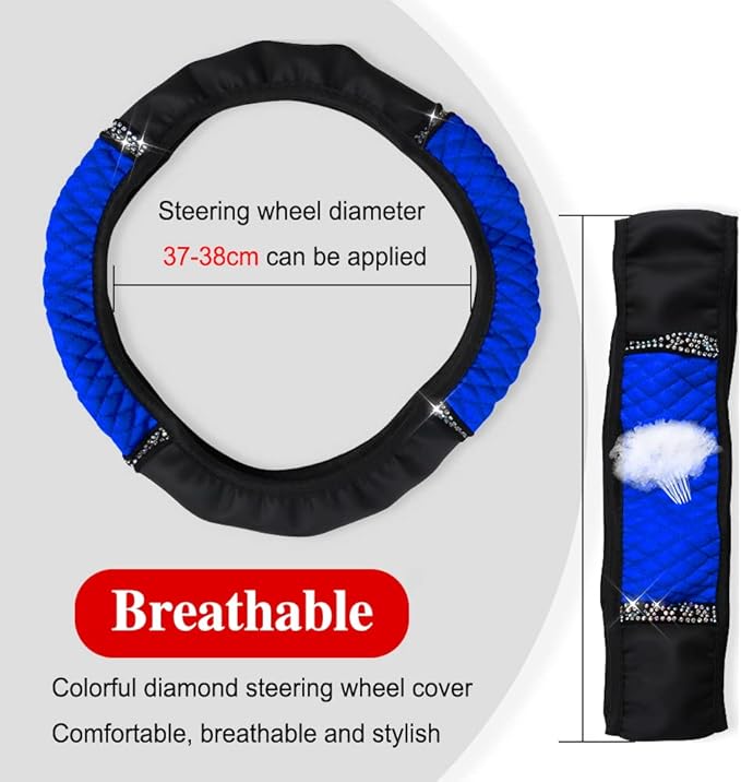 Bling Soft Leather Steering Wheel Cover, Anti-Slip Car Steering Wheel Protector, 15 Inch Rhinestones Soft Leather Elastic Steering Wheel Protector for Women Girls, Car Accessories for Most Cars