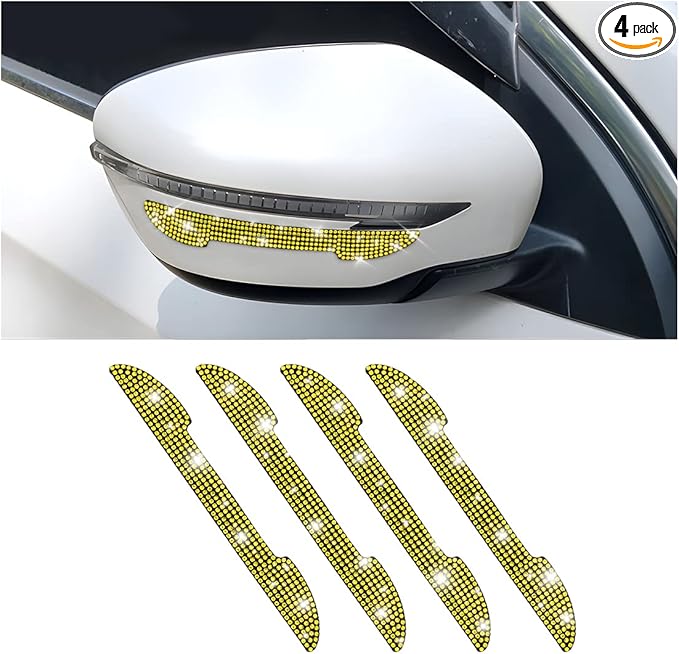 4PCS Bling Car Rear View Mirror Anti-Scratch Stickers Protector, Rhinestone Auto Door Handle Edge Guards, Crystal Anti-Collision Strip Decal, Car Exterior Decoration Accessories for Women Men (Yellow)
