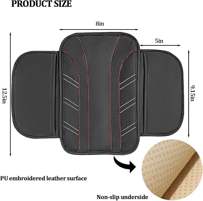 Car Center Console Cover, Soft Leather Sporty Armrest Protector Cushion with 2 Storage Pockets, Comfortable Auto Interior Middle Console Arm Rest Box Pad, Universal for Vehicles (Black)