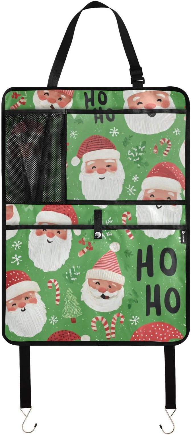 2 Pack Back Seat Car Organizer with Storage Pockets Kick Mats Back Seat Protector Hanging Car Organizer Automotive Seat Back Cover Organizers Bright Green Christmas Santa Claus