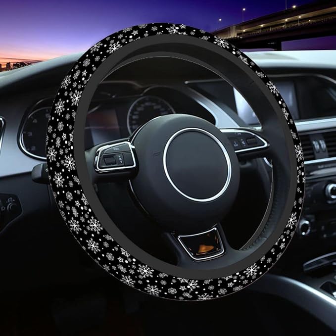 Swono Snowflakes Car Steering Wheel Covers Snowflakes On A Black Universal Fit 15 Inch Anti-Slip Steering Wheel Protector Cover Stretch-On Fabric Automotive Car SUV Sedans