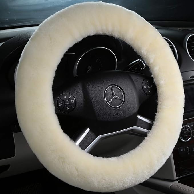 Fuzzy Sheepskin Steering Wheel Cover for Women | Warm & Fluffy Universal Auto Girly Accessories | Soft Lamb Fur for Cold Winters & Hot Summers | 14 1/2 inch-15 1/2inch Steering Wheel, Cream White