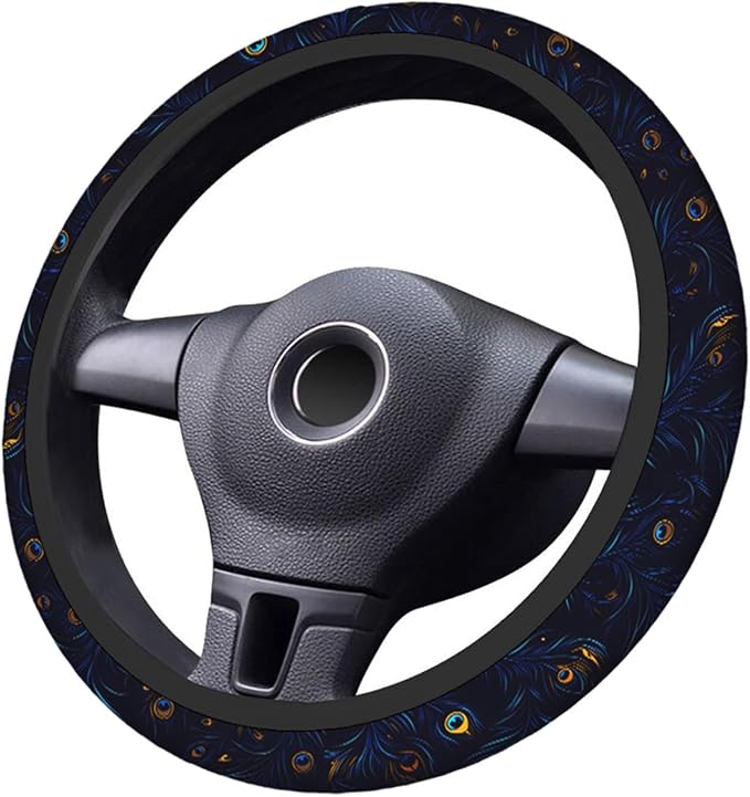 Swono Peacock Feather Steering Wheel Cushion Case Beautiful Blue and Green Peacock Feathers Neoprene Car Steering Wheel Covers 15 Inch Anti Slip Compatible Auto Car Wrap Cover for Men Women