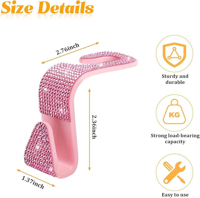 HZEL Bling Car Seat Headrest Hooks, 4PCS Crystal Rhinestone Vehicle Seat Back Hanger Holder for Purses Bag Handbags, Diamond Headrest Storage Organizer, Universal Auto Accessories (Pink)