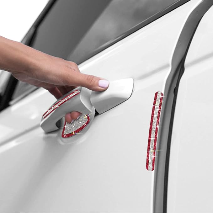 Gengki 10PCS Set Car Door Handle Bling Rhinestones Stickers Universal Auto Door Handle Safety Reflective Strips Red White