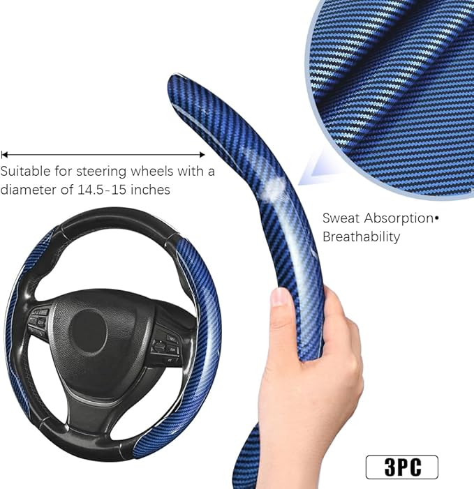 JDDRY Universal Car Steering Wheel Cover,Non-Slip Bright Carbon Fiber Steering Wheel Protector,Car Interior Accessories(Blue,3PC)