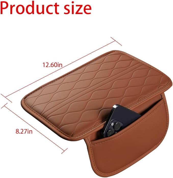 Car Center Console Cover, Leather Vehicle Armrest Seat Box Pad Cushion with 2 Storage Bags, Automotive Interior Arm Rest Protector Accessories, Universal for SUV, Sedan, Truck (Brown)