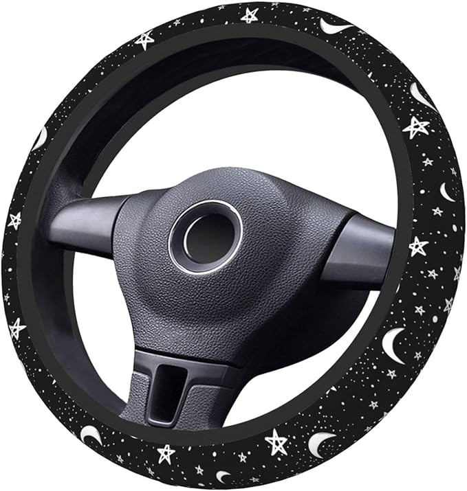 Black White Moon Star Neoprene Steering Wheel Cover Anti-Slip Elastic Moon Steering Wheel Protective Cover 15in Universal Car Accessories Fit Cars, SUVs, Auto