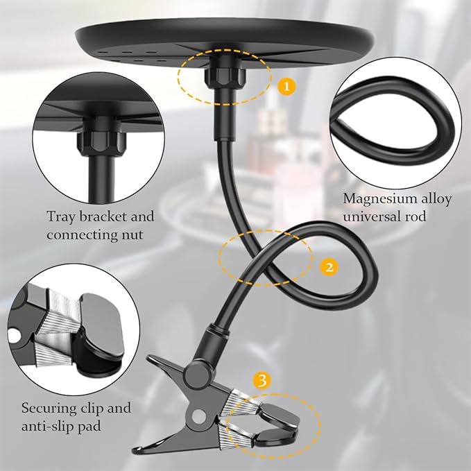Car Adjustable Food Tray, 360° Non-Slip Swivel Vehicle Snacks & Drinks Dining Table, 8.7 Inches Diameter Automotive Clip Type Storage Tray, Universal for SUV, Truck, RV