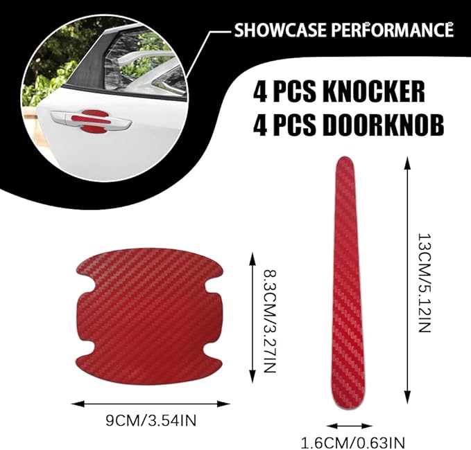 8PCS Car Door Handle Scratch Protectors, Carbon Fiber Car Door Handle Bowl Sticker, Universal Door Handle Protective Film for Most Cars (Red)