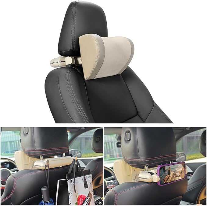 Mandark Car Neck Pillow, Memory Foam Vehicles Adjustable Support Headrest Pillow with Hook ＆ Tablet Phone Holder Mount, Multifunctional Auto Interior Accessories, Universal for SUV RV Truck (Beige)