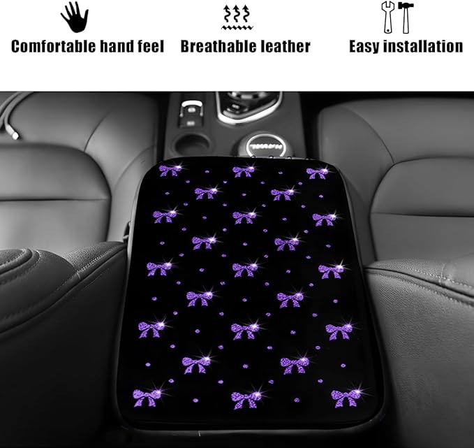 Car Center Console Cover, Waterproof Leather Bow Ribbon Vehicle Arm Rest Pad, Comfortable Automotive Interior Seat Box Armrest Protection Cushion Accessories, Universal Fit (Purple)