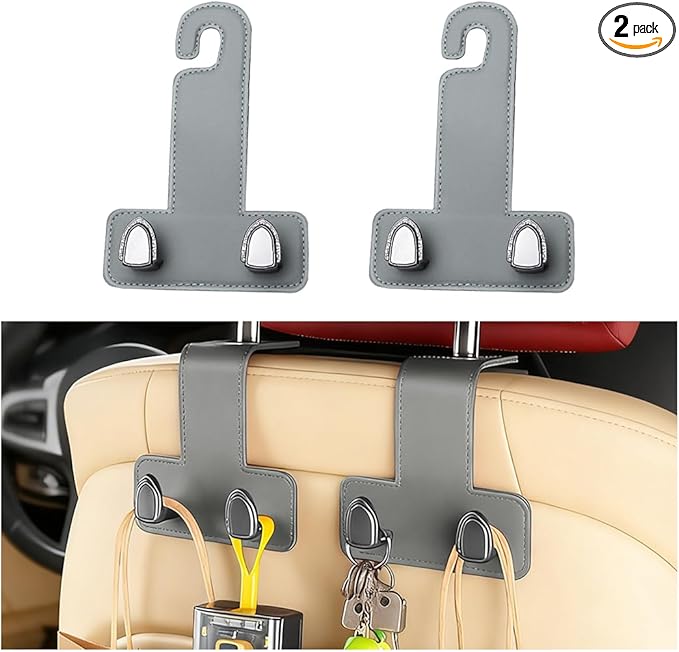 2PCS Car Headrest Hook, Dual Hook Leather Vehicle Back Seat Storage Organizer for Handbag Purse Hat, Multifunction Automotive Seat Back Hanger Holder, Universal for Most Vehicles (Dark Gray)