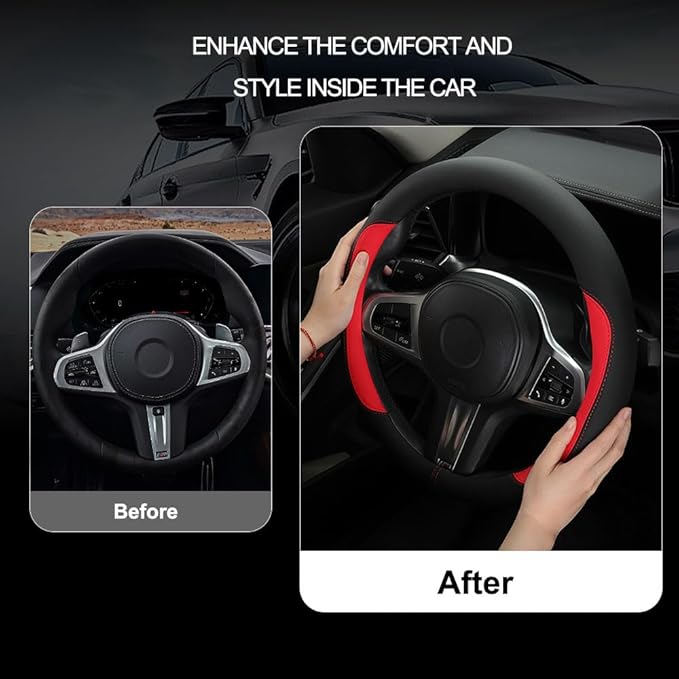 Car Steering Wheel Cover,Microfiber Leather Steering Wheel Cover Universal 14.5-15 inch, Anti-Slip Breathable Auto Wheel Cover Protector for Men Women (Black&Red)