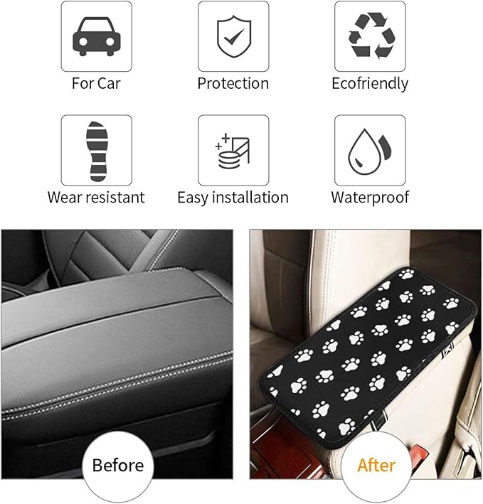 Dog Paw Prints Auto Center Console Armrest Cover Pad, Universal Fit Waterproof Comfort Car Armrest Cushion for Most Vehicle SUV Truck