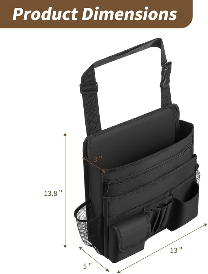 FORCTIBULL Car Front Seat Organizer for Paperwork File Laptop Mobile Office, Multi Compartment Storage Bag with Cup holder and Adjustable Strap for Car Work Truck Van