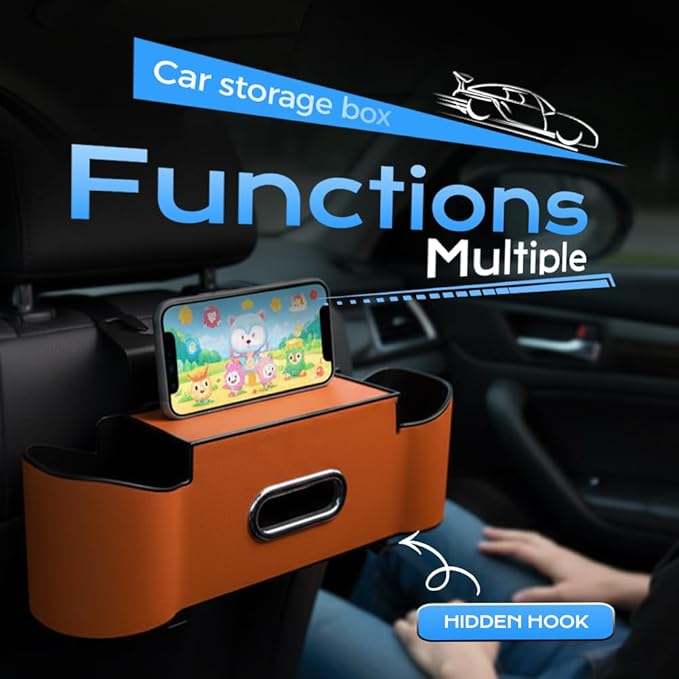 asfanst 3-in-1 Car Backseat Organizer with Cup Holder, Tissue Box, and Hooks, Multifunctional Back Seat Storage for Phones, Snacks, Drinks, and Handbags (1, Beige)