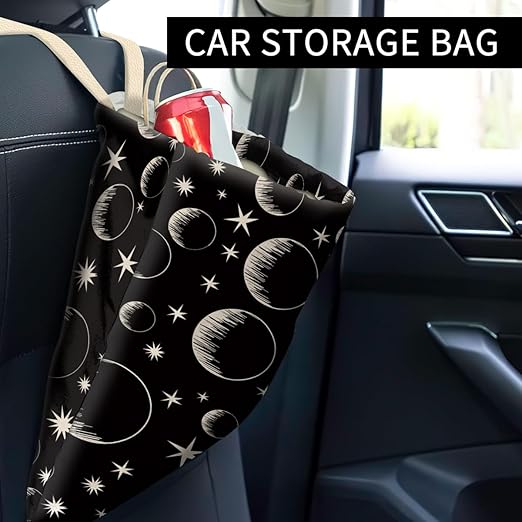 Car Trash Can, Cute Car Trash Bag, Hanging Car Organizer and Storage Bag, Trash Bin for Car Accessories, Vehicle, Travelling, Camping Cute Black White Moon Star