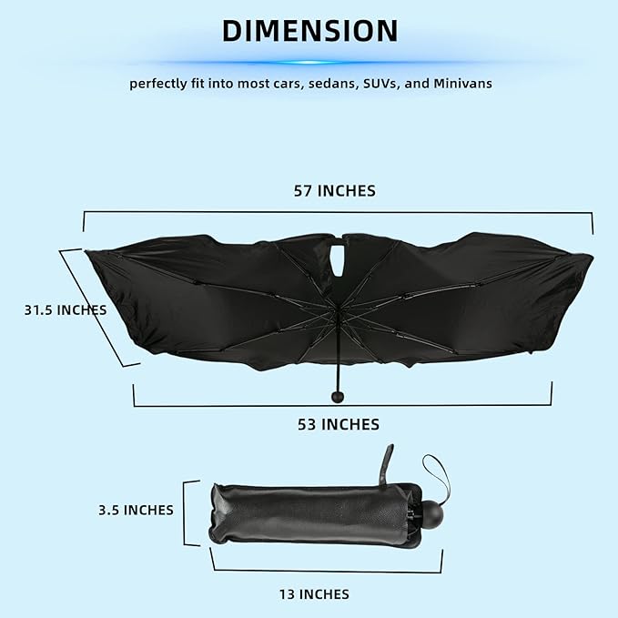 PONYBRO Foldable Windshield Sun Shade Umbrella for Cars,SUVs, MiniTrucks and Vans,Universal Fit Sturdy Frame Sunshade with UV 100% Block & Heat Insulation, Full-Coverage Sunshade 57" x 31.5" inches.