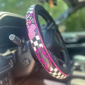 Western Steering Wheel Cover 14.5–15" – Retro Tooled Leather Pattern, Universal Anti-Slip Car Accessories for Trucks SUVs Cars, Boho Cowgirl/Cowboy Gift (D)