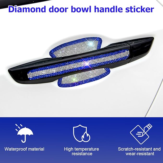 Mandark 8PCS Bling Car Door Handle Protector, Crystal Rhinestone Vehicle Door Bowl Protective Sticker, Glitter Anti-Scratch Auto Decor Decals Accessories, Universal for SUV, Sedan, Truck (Blue/White)