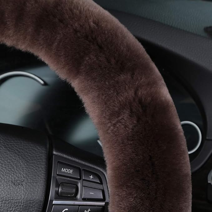 Soft Fluffy Sheepskin Car Steering Wheel Cover for Universal Auto Vehicle Women Man 14 1/2 inch-15 1/2inch Fuzzy Accessories (Teak)