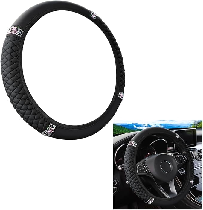 Bling Car Steering Wheel Cover, 15 Inch Crystal Rhinestone Elastic Stretch Leather Steering Wheel Protector, Vehicle Decor Accessories for Women Girls, Universal for RV, SUV, Truck (Black)