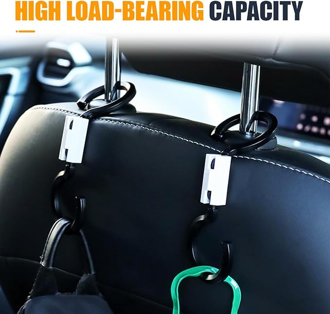 YoRise 2PCS S-Style Car Back Seat Headrest Hook, 360° Rotation Auto Seat Storage Hanger, Universal Vehicle Interior Organizer Accessories for Purse, Handbag, Coat, Umbrella, Grocery Bag (White)