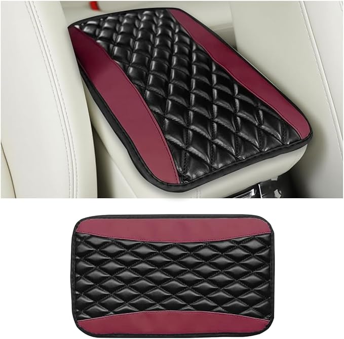 Car Center Console Cover, Comfortable PU Leather Vehicle Armrest Storage Box Cushion Pad, Anti-Scratch Automotive Interior Arm Rest Cover Protector, Universal for Truck SUV Sedan (Wine Red)