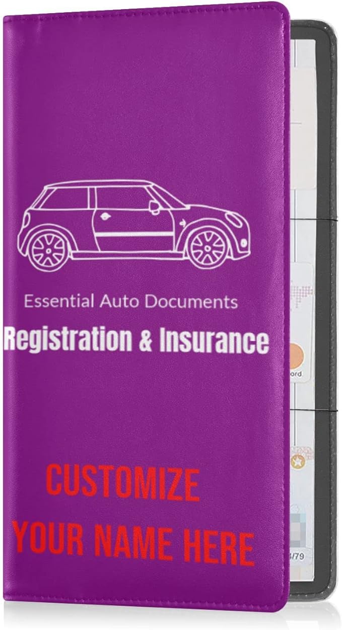 Caihoyu Custom Car Registration and Insurance Card Holder Personalized Leather Glove Box Organize Men Women Wallet Accessories Case for Cards, Essential Document Driver License Purple