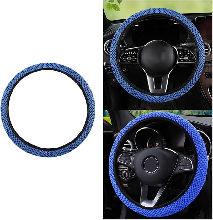 Stretch Elastic Steering Wheel Cover, All-Season Comfort, Warm in Winter & Cool in Summer, Universal 15 Inch Microfiber Breathable Ice Silk, Anti-Slip, Odorless, Easy Carry, Fit Car, SUV (Blue)