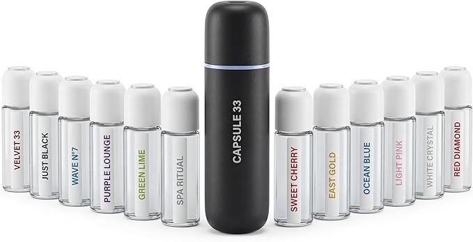 Capsule 33 Car Perfume Starter Pack, Car Air Freshener, Ultrasonic Aroma Diffuser, 6 Fragrances (White Crystal, Red Diamond, East Gold, Ocean Blue, Sweet Cherry, Light Pink) (Black)