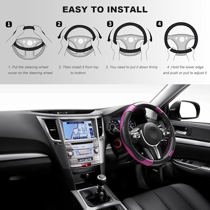 Car Steering Wheel Cover, 15 Inch Carbon Fiber Elastic Vehicle Steering Wheel Protector, Breathable Leather Auto Wheel Covers for Women Men, Interior Car Accessories (Black & Purple)