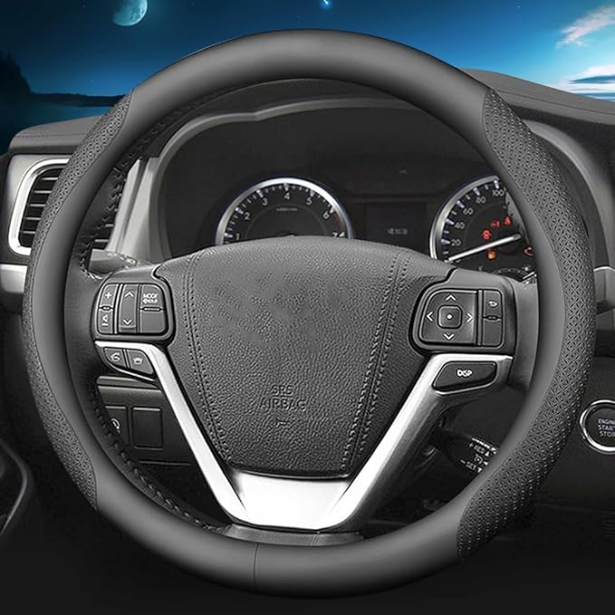 HAOTULE Nappa Leather Slim Stylish Steering Wheel Cover,for Toyota Steering Wheel Cover Interior Conversion (Black)