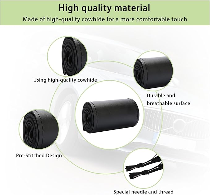 Kewucn Genuine Leather Steering Wheel Cover, 15" Universal Car Steering Wheel Protector with Needle Thread, Breathable Anti-Slip Steering Wheel Cover DIY Stitch on Wrap (Black, Glossy)
