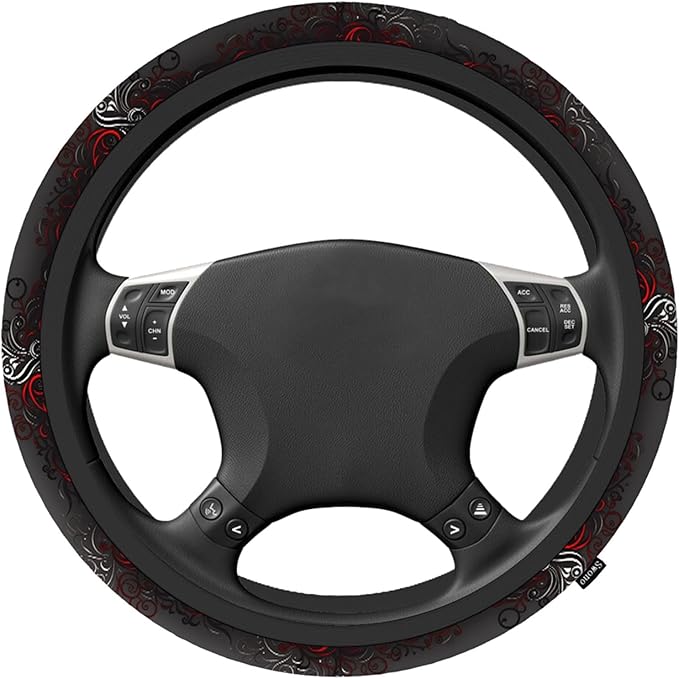Swono Car Steering Wheel Covers Red Black Floral Beautiful Floral at The Border Creative Design Universal for Women Girls Soft Neoprene Anti-Slip Car Accessories for Most Sedan Van SUV