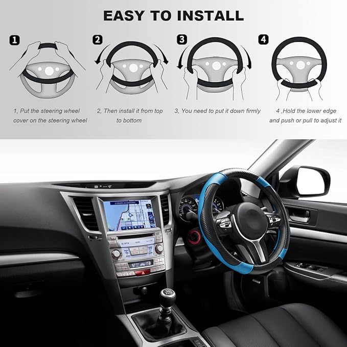 Car Steering Wheel Cover, 15 Inch Carbon Fiber Elastic Vehicle Steering Wheel Protector, Breathable Leather Auto Wheel Covers for Women Men, Interior Car Accessories (Black & Blue)