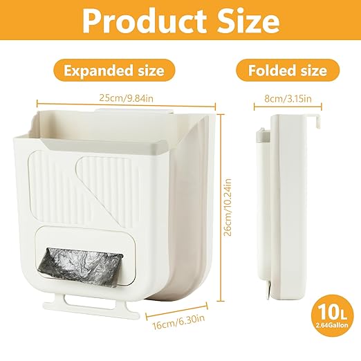 Collapsible Hanging Trash Can, Compost Bin Kitchen with 60pcs of Garbage Bags, 2.64 Gallon Plastic Folding Garbage Bin for Cabinet/RV/Camping/Bedroom