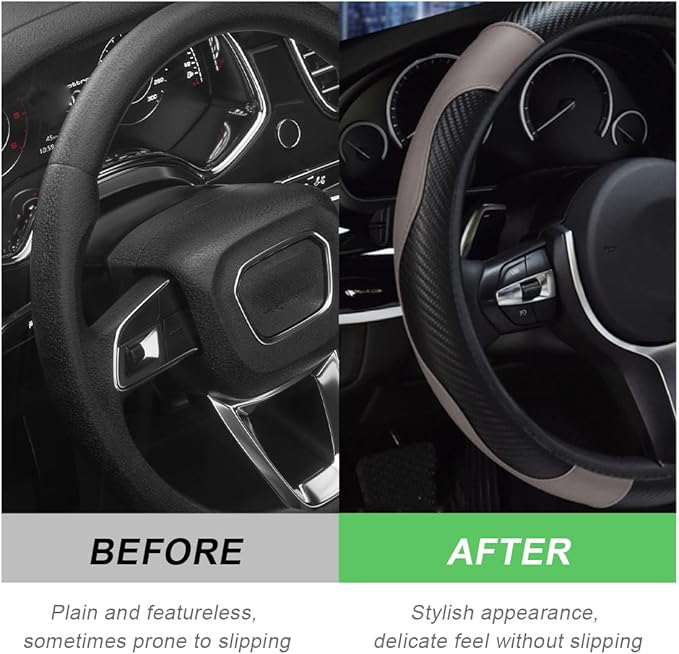 Car Steering Wheel Cover, 15 Inch Carbon Fiber Leather Stitching Color Steering Wheel Protector, Anti-Slip Elastic Breathable Steering Wheel Cover Stylish Decor for Most Cars (Black & Gray)