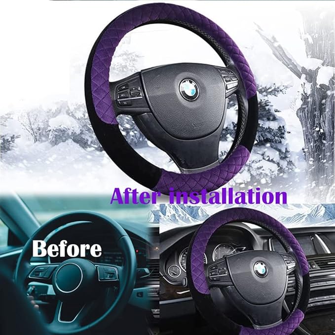 15Inch Leather Car Steering Wheel Cover Women Cute Non Slip Car Accessory Gear Shift Cover Handbrake Cover Universal Fit Most Car Protector (Purple)