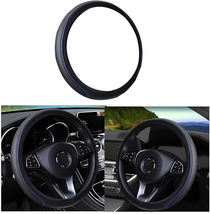 Leather Car Steering Wheel Cover, Elastic, Breathable Anti-Slip, Universal 15 inch, Steering Wheel Cover for Men Women (Black/Blue)