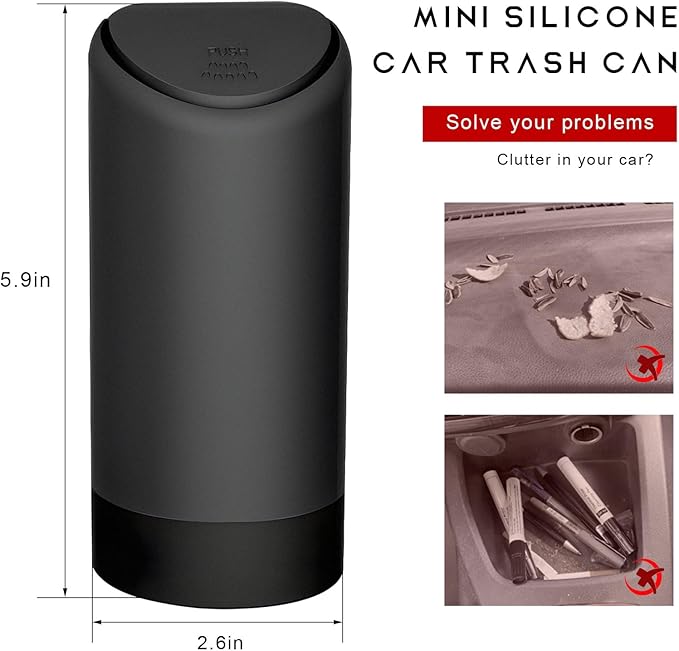 Mni Car Trash Can with Lid, Portable Silicone Auto Garbage Container for Cup Holder, Multipurpose Trash Bin for Car Home Office, Waterproof Leakproof Small Vehicle Trash Can (Black)
