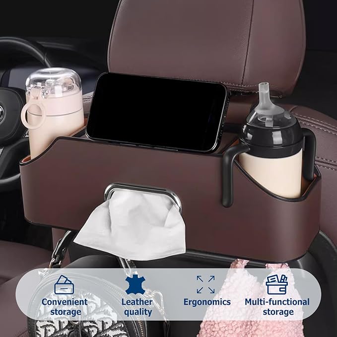 Multifunctional Car Back Seat Storage Organize, 2026 Upgrade 3-in-1 Car Backseat Organizer with Cup Holder, Tissue Box, Trash Bin & Hooks, for Hold Phones, Snacks, Drinks, and Handbags (Red)