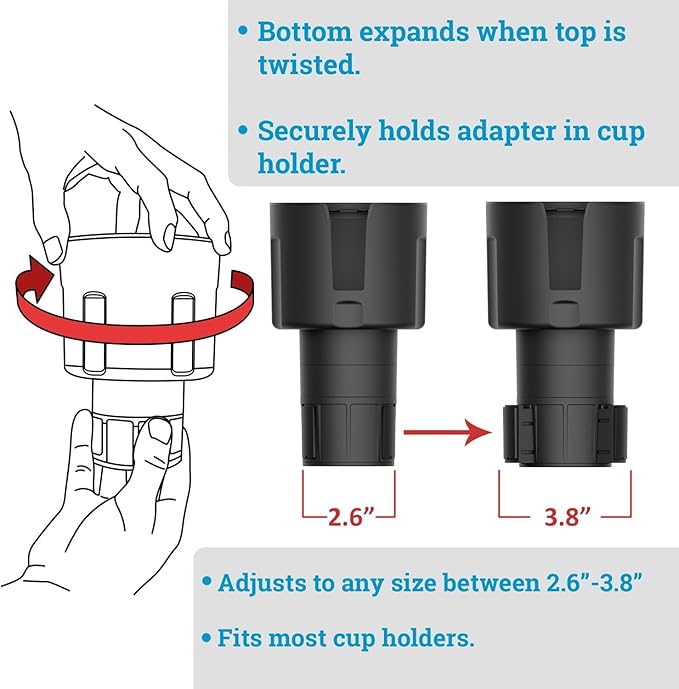 Swigzy Car Cup Holder Expander (Long Base) - Adjustable Expandable Insert Extender, Automotive Adapter Holds Hydro-Flask, Yeti, Nalgene, Large (32 40 oz) Water Bottles, Big Drinks - Universal